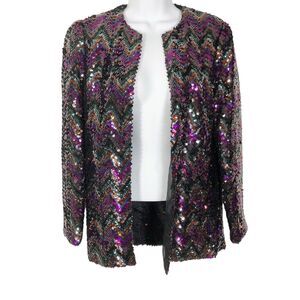 Vintage A J BARI Sequin Jacket Black Purple Green USA Made Open Front 6 Small